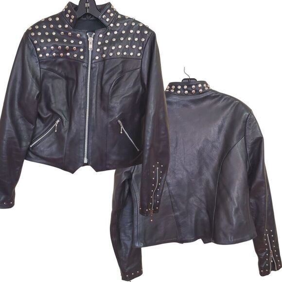 Double Eagle Leather Biker Jacket Women Small Black Studded Shoulders Motorcycle